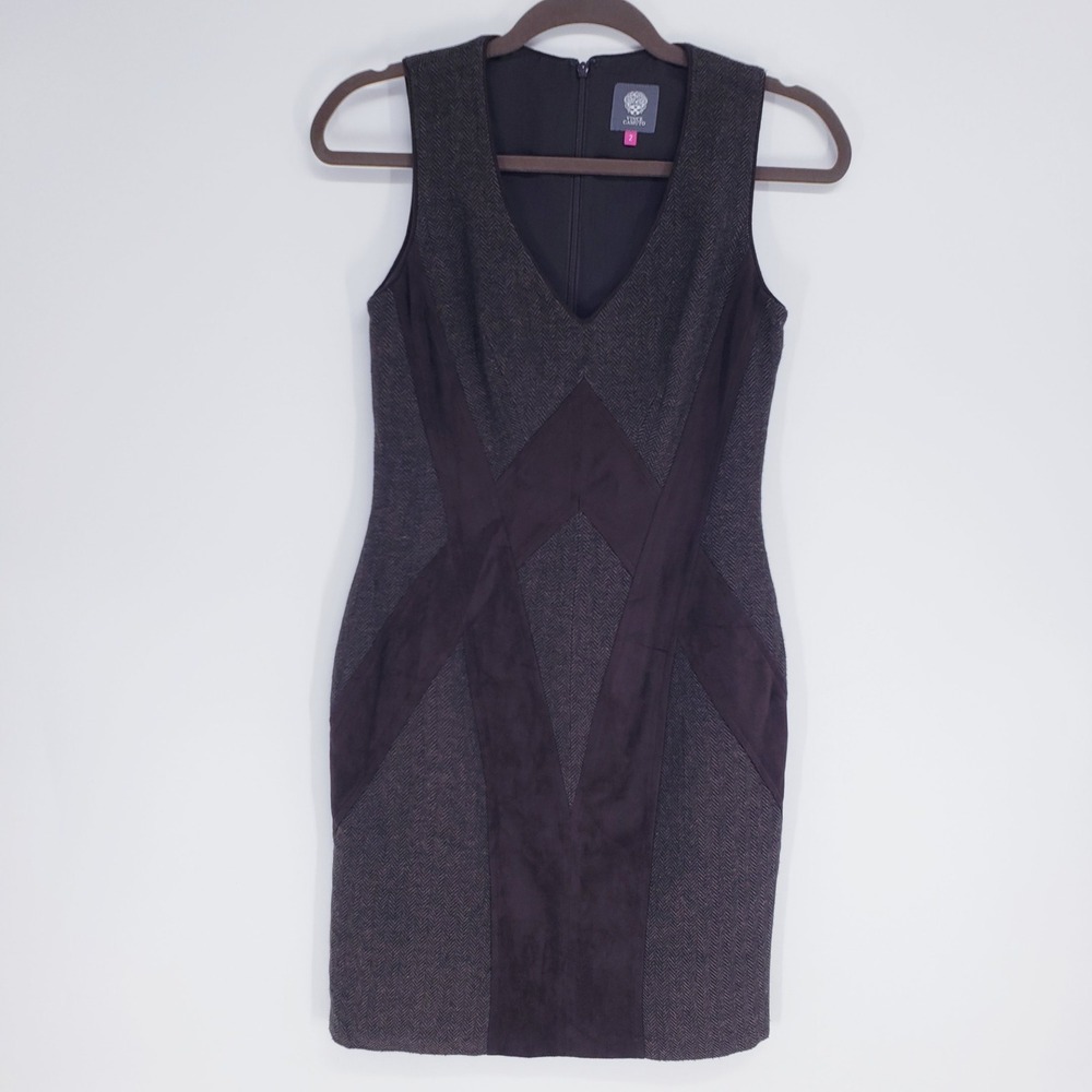 Vince Camuto Herringbone Faux Suede Sheath Dress Size 2 Brown Gray Professional